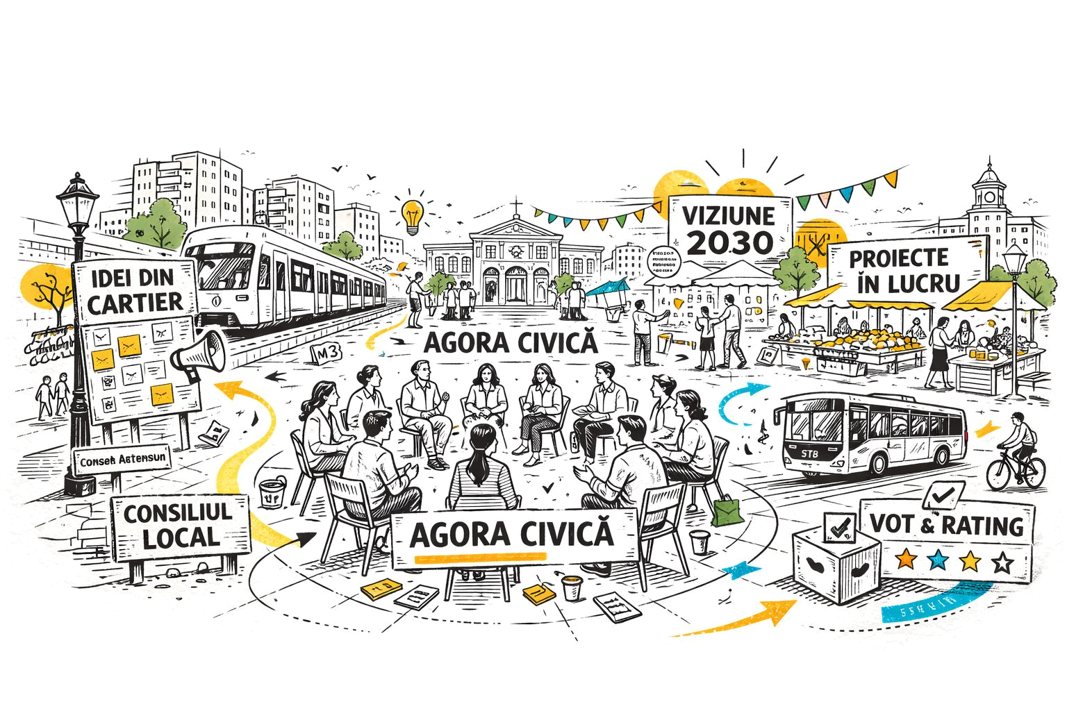 Ilustrație despre participare civică și colaborare publică